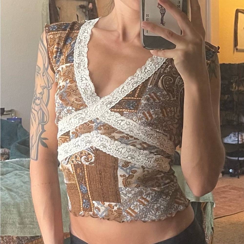 Vintage Mudd Brown Cream and Blue Patchwork Lace-Trim Camisole - Picture 6 of 7